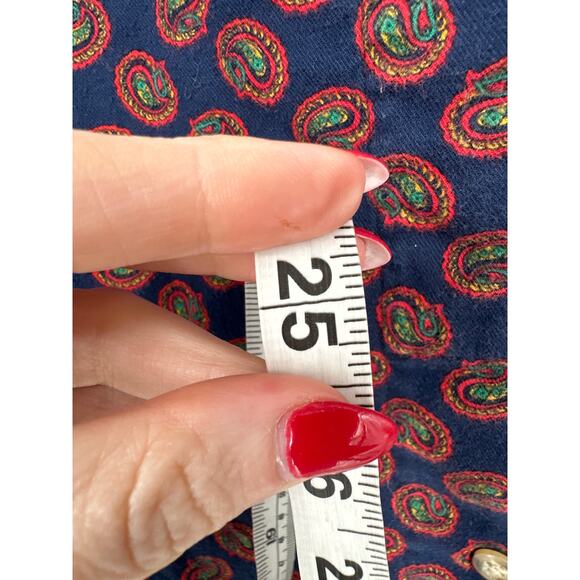 70s Vintage Top Womens Medium Navy Blue Paisley Red Button Boho Cotton - Picture 6 of 7